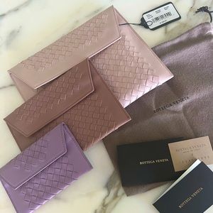 Bottega Veneta Pink and Lilac Intrecciato Leather Wallet Trio